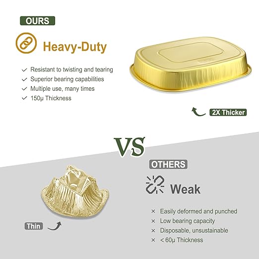 Oval Aluminum Foil Pans with Snap-On Lids (5 Pack) | 2X Thicker Heavy Duty Reusable Container 68oz for Take-Out (Gold)