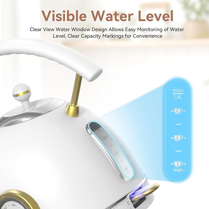 Rasonic Retro Electric Kettle Stainless Steel, 1.8L Tea Water Boiler, 1500W Fast Quiet Boil, Temperature Gauge, Auto Shut-Off, Boil-Dry Protection, White Champagne Gold