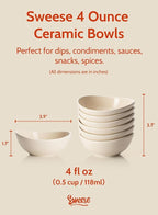 Sweese 4 oz porcelain bowls set of 6 - small dipping, sauce, snack side dish bowls - microwave, dishwasher, oven safe beige
