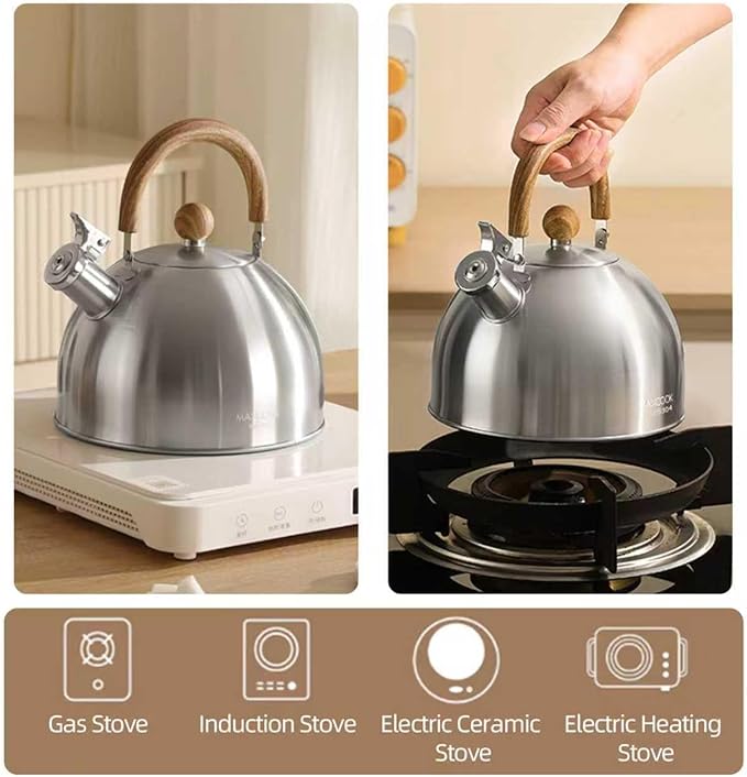 18/8 Stainless Steel Tea Kettle for Stovetop (3L / 3.17 Quart, Whistling Tea Pot, Wood Handle)-Silver