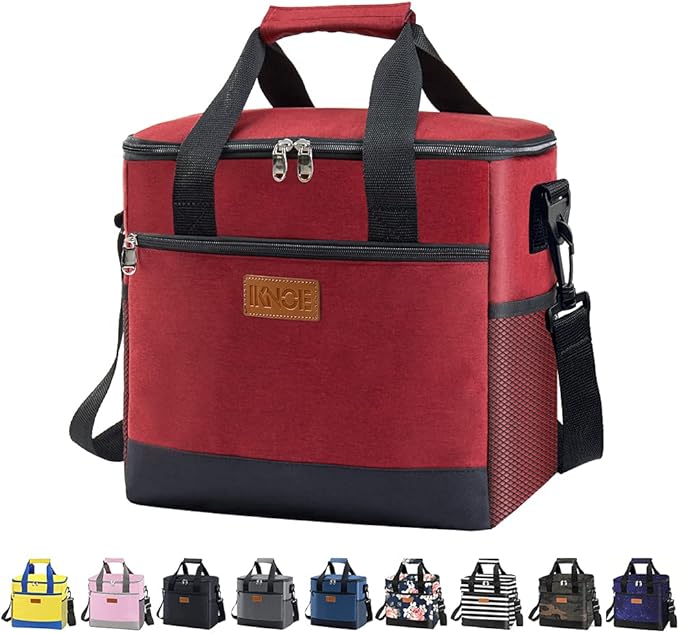 iknoe Large Cooler Bag Collapsible, 15L Insulated Bags, Leakproof Lunch Cooler Tote with Multi-Pockets for Adult, Insulated Lunch Box for Beach, Picnic,Work, Red 24-Can