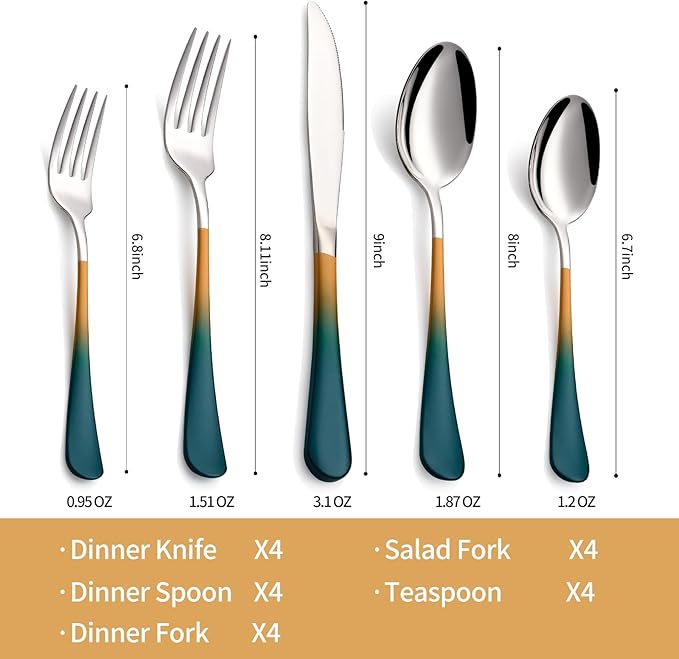 20-Piece Green Orange Silverware Set 18/0 Stainless Steel Silverware Set Green Orange Handle Cutlery Set Service for 4 Dinner Knives Forks Spoons Set Flatware Set Finish Dishwasher Safe