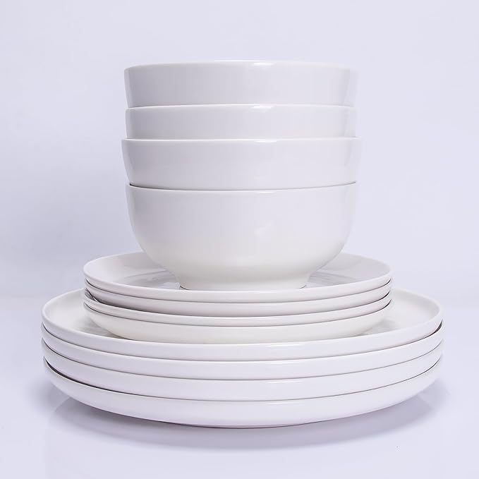 12-Piece Dinnerware Set for 4, White Porcelain Plates and Bowls, Chip Resistant Dishwasher Microwave Safe