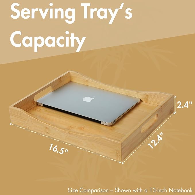 Gobam Bamboo Serving Tray with Built-in Handles, 16.5 x 12.4 inch Large Wooden Breakfast Trays for Bed, Coffee Table & Ottoman, Rectangular Decorative Tray for Entryway, Kitchen, Dining & Living Room