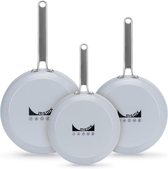 MsMk Ceramic Nonstick 8-inch, 9.5-inch and 11-inch Frying Pan Set, No PFAS & PTFE & PFOA, Stainless Steel Handle, Dishwasher & Oven Safe