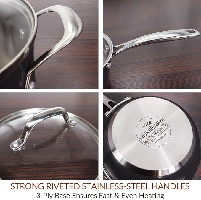 HOMICHEF 10-Piece Nickel Free Stainless Steel Cookware Set Navy Gray - Nickel Free Stainless Steel Pots and Pans Set - Healthy Non-Toxic Induction Cookware Sets