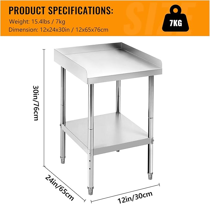 12x24x30 Inch Stainless Steel Equipment Grill Stand Table 400 Lbs Capacity NSF Certified with Adjustable Legs, 2" Edge Baffle, for Hotel, Home, Commercial Restaurant Kitchen