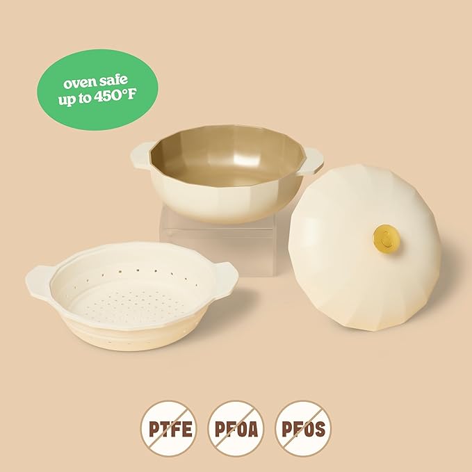 Cravings by Chrissy Teigen The Perfect Pan 5.3 Qt Dutch Oven Pot with Lid, Nonstick Lightweight Aluminum Everyday Pot with Steamer/Strainer Insert, Oven & Stovetop Safe (White)