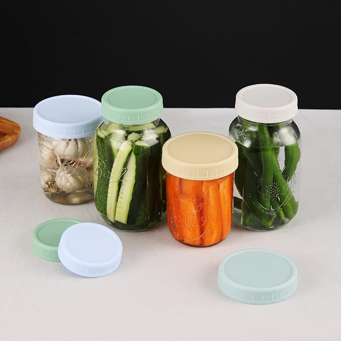 16PCS Colored Plastic Mason Jar Lids With Silicone Rings (8 Wide Mouth & 8 Regular Mouth) for Ball, Kerr and More, Food Grade & Leak-proof, 86mm & 70mm Canning Tops
