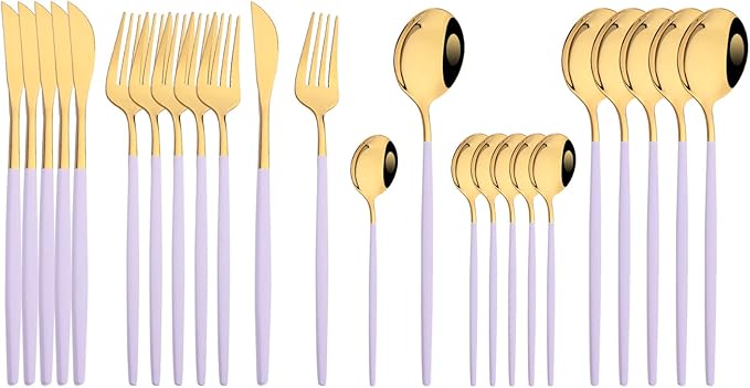 JASHII Flatware Set 24 Piece, Stainless Steel Silverware Set, Macaron Small Fresh Color Cutlery Set, Modern Elegant Tableware Set for Party, Christmas, Dinner (Purple Gold), Service for 6