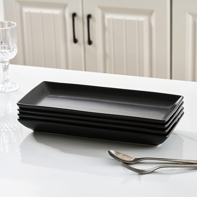 Gomakren Serving Platter Serving Dishes, 14 Inch Porcelain Serving Trays for Party, Large Serving Platters and Trays, Rectangular Sushi Plates for Entertaining Thanksgiving, Set of 4, Black