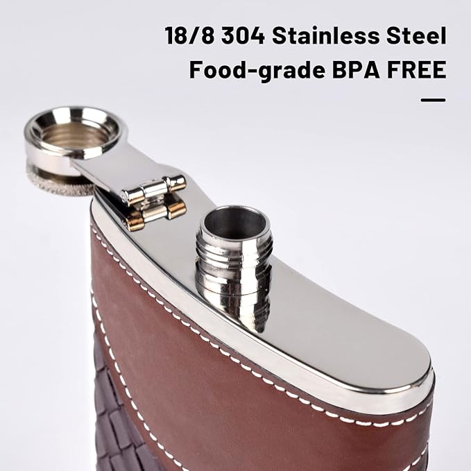 Hip Flasks for Men 8oz Leather Flask Gift Set,304 Stainless Steel Flask Set w/Funnel Shot Glasses Lovely Gift for Whiskey Rum Groomsman Best Man Usher Wedding Camping-Leather Stripe Black8oz