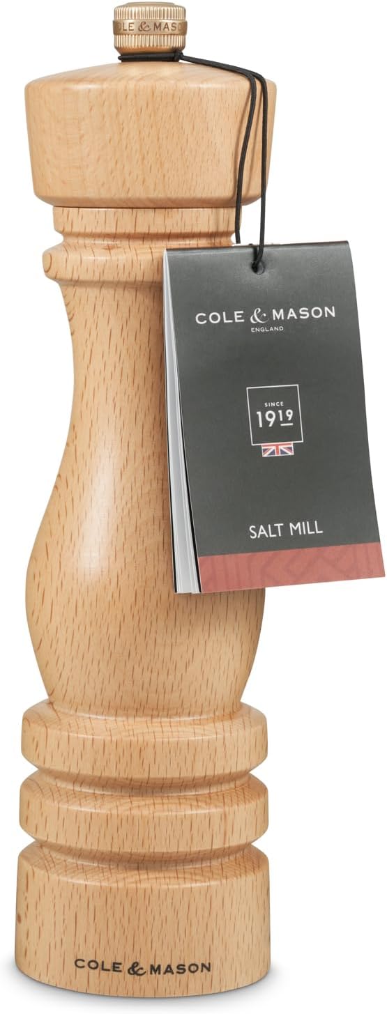 Cole & Mason London Refillable Spice Mill - Kitchen & Home Accessory - Table Salt Grinder - Salt Mill with Ceramic Mechanism - 8", Natural Beech