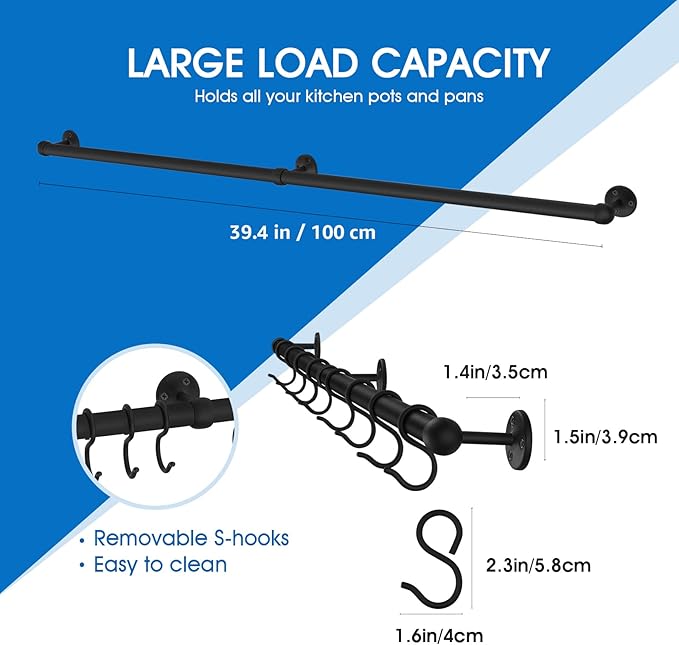 ROTHLEY Hanging Pot Rack Hanger: 39.4 Inch Stainless Steel Pot and Pan Hanger Pot Rack Wall Mounted Hanging Pots and Pans Rack Pot Hangers for Kitchen Utensil Rail with Hooks (Matt Black