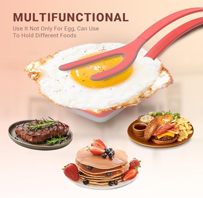 Silicone Egg Flipper Spatula Tongs (Set of 1) – Non-Stick 2-in-1 Grip & Flip Kitchen Tongs for Pancakes, Fish, Eggs, and More – Heat Resistant Cooking Tool (Black) (Red)