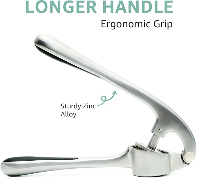 GD Garlic Press Crusher Mincer Tool - Dishwasher Safe & Rust Proof, Easy-Squeeze Garlic Smasher with Ergonomic Handle, Includes Silicone Garlic Peeler & Brush (Silver)