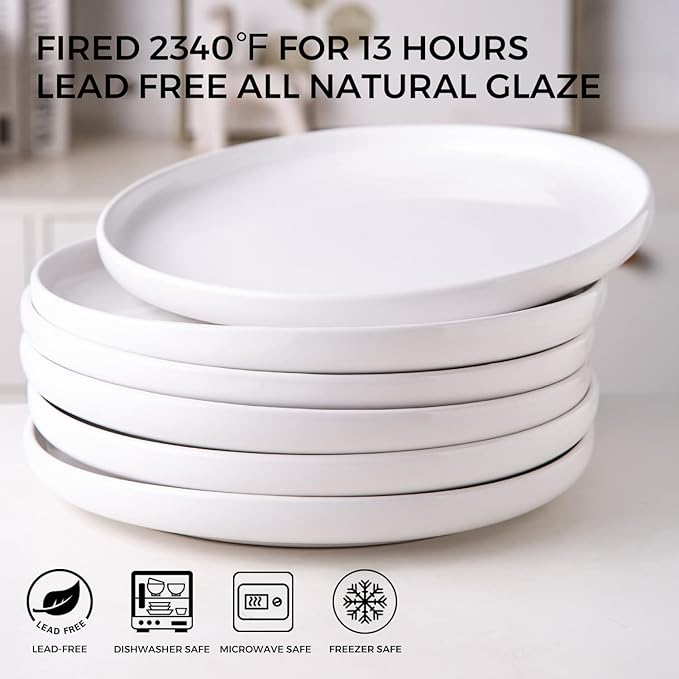 AmorArc Ceramic Plates Set of 6, 8.0 Inch Round Stoneware Salad Plates Use for Dessert, Salad, Appetizer etc,Microwave and Dishwasher Safe, Scratch Resistant Small Deep Dinner Plates-White