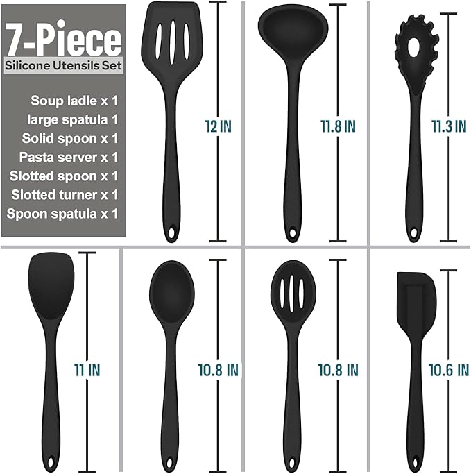 E-far Silicone Cooking Utensils Set, 7-Piece Black Heat Resistant Kitchen Utensils Set, Kitchen Nonstick Tools Spatula Ladle Spoon Pasta Server for Non-stick Cookware, Non-Toxic & Dishwasher safe