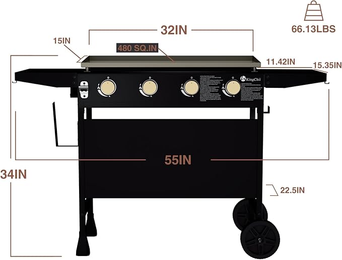 KingChii 32" 4-Burner Griddle with Integrated Protective Hood and Counter Height Side Shelves, Powder Coated Steel, for Breakfast, BBQ & Grilling w/Steel Cooking Surface,Black