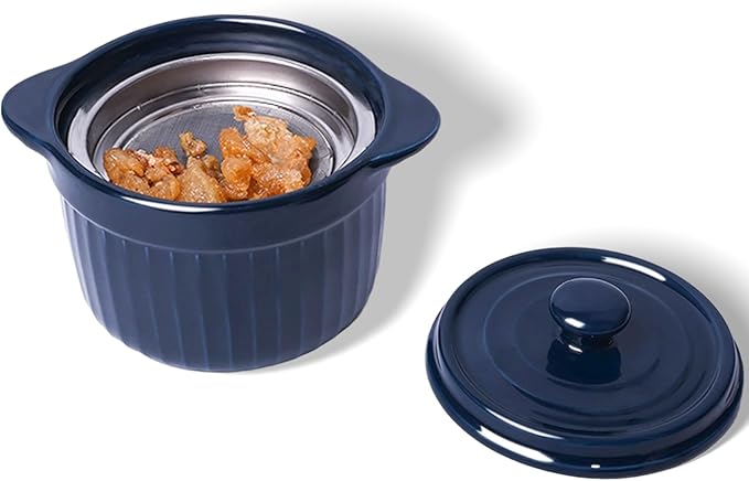 Ceramic Bacon Grease Container with Strainer, 20 oz Cooking Oil Storage Can Grease Keeper for Kitchen, Bacon Grease Keeper with Easy-Grip Handle (Navy)