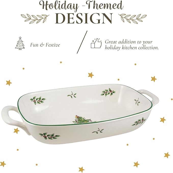 Spode Christmas Tree Oval Breadbasket, 12 Inch Handled Bowl for Fruit, Bread, Cookies - Porcelain Gift, Holiday Serveware & Oven to Table Dish, Dishwasher Safe Tableware