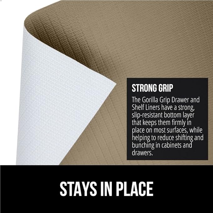 GORILLA GRIP Slip Resistant Drawer and Shelf Liner 2 Pack, Non Adhesive Water Resistant, Easy Clean and Trim, Smooth Surface Liners for Kitchen Cabinet, Shelves, Drawers, Pantry, 20 in x 20 FT, Beige