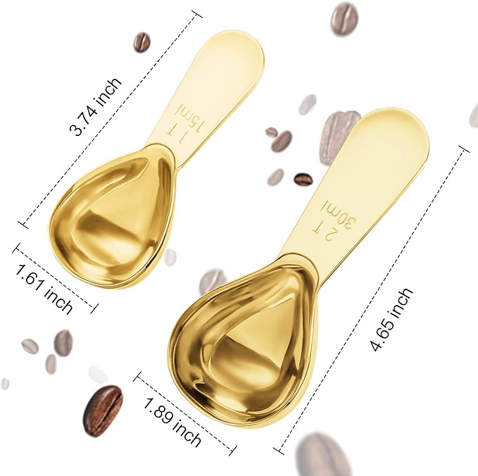 Stainless steel coffee scoop 2-piece set (1 tbsp, 2 tbsp) durable Tablespoon, ergonomic measuring spoon, Suitable for small and large jars，short-handled spoon (Gold)