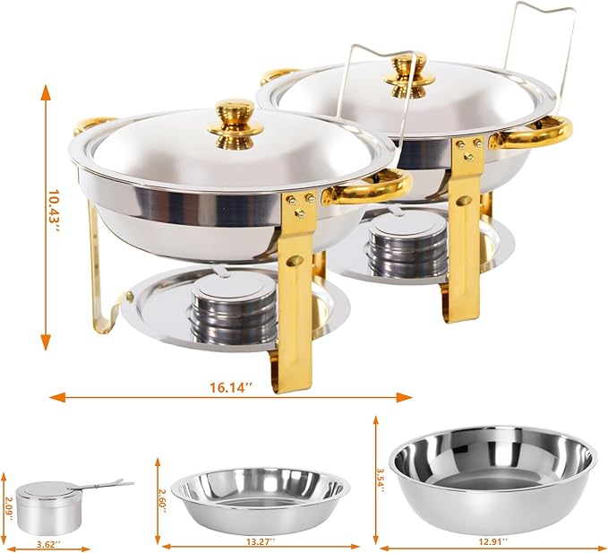 2-Pack Round Chafing Dishes for Buffet, 5QT Stainless Steel Buffet Chafing Set for Catering, Parties & Events