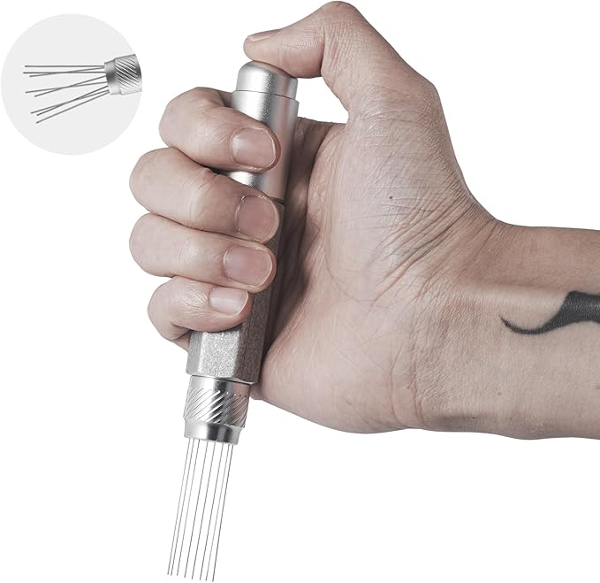 MHW-3BOMBER Retractable WDT Tool Espresso Distribution Tool with Magnetic Store, Adjustable Range Coffee Stirrer Tool for Barista, 0.4mm 8 Stainless Steel Needles with 8 Extra, Silver, T6189S-OS