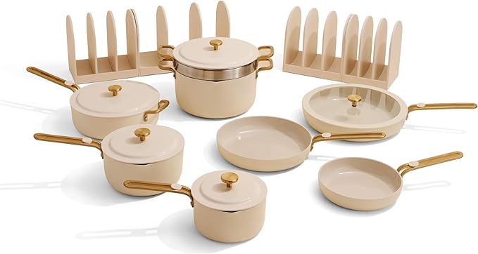 Our Place 17-Piece Essentials Complete Cookware Set - Ceramic Fry Pans, Saucepans, Sauté Pan, Stock Pot, Strainer Basket & Modular Storage | Thermakind™ Nonstick, Oven Safe up to 450°F | Cream