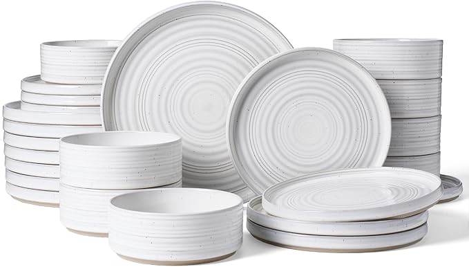 Stoneware Dinnerware Sets, Dish Set for 8, 24 Pieces Spiral Dishware Set with Straight Rim, Speckles & Reactive Glaze - Microwave and Dishwasher Safe Tableware, White