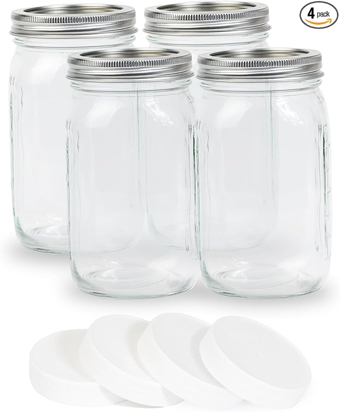 4 Pack 32 oz Clear Wide Mouth Mason Jars with Airtight Lids and White Plastic Mason Jar Lids, Canning Jars
