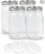 4 Pack 32 oz Clear Wide Mouth Mason Jars with Airtight Lids and White Plastic Mason Jar Lids, Canning Jars
