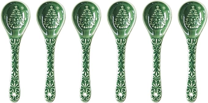 Christmas Tree Spoons, Ceramic Small Serving Spoons for Soups, Cereal, Ice Cream, Condiments, Dips, Charcuterie Boards, Dishwasher & Microwave Safe, Green, Set of 6