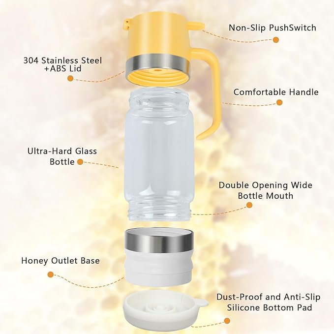 Honey Dispenser No Drip with Stand, 12 OZ Glass Honey Jar, Syrup Dispenser, Easy One Hand Use Honey Pot for Coffee or Tea, Mess Free Honey Dispenser for Syrup, Honey Container (2PCS Yellow)