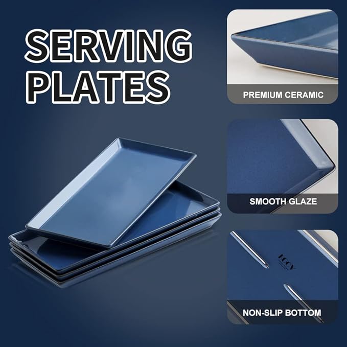 KOOV Ceramic Serving Tray, 14 Inches Large Serving Platter, Rectangular Serving Tray, Porcelain Serving Plates, Ceramic Serving Dishes for Dinner, Party, Sushi, Dessert, Food, Set of 4 (Stone Blue)