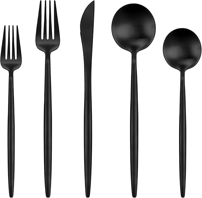 Black Silverware Set for 12,Ollex 60-Piece Modern Black Flatware Set with Food-Grade Stainless Stain Knives Forks Spoons Matte Utensil Set Satin Finish tableware Cutlery Set,Dishwasher Safe