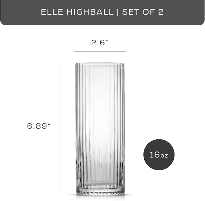 JoyJolt Elle 16oz Fluted Highball Glasses Set of 2, Ribbed Tall Cocktail Tumblers for Gin Juice Water, Vintage Style Drinking Glasses