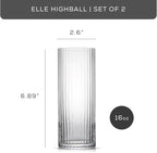 JoyJolt Elle 16oz Fluted Highball Glasses Set of 2, Ribbed Tall Cocktail Tumblers for Gin Juice Water, Vintage Style Drinking Glasses