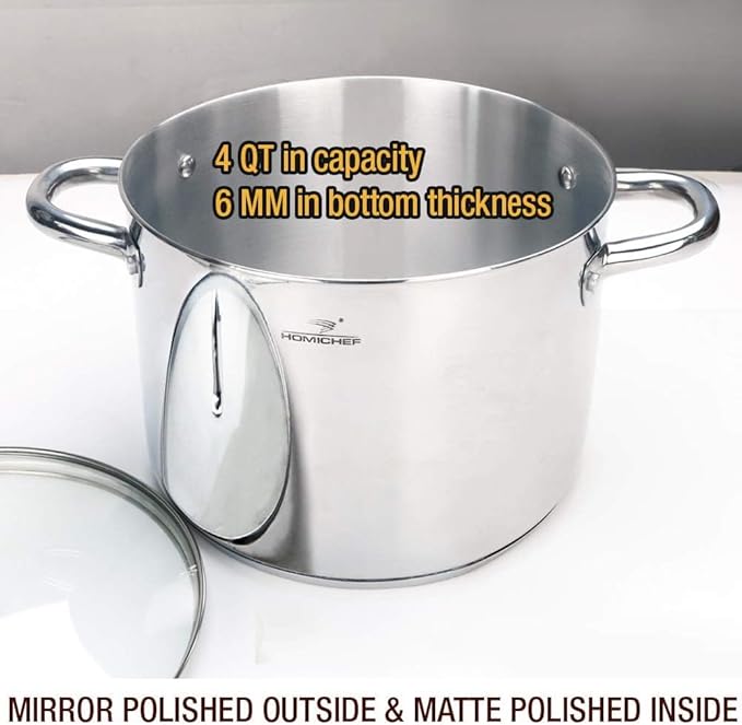 HOMICHEF Small Stock Pot 4 Quart Nickel Free Stainless Steel - 4 Qt Stockpot With Lid - Induction Pot