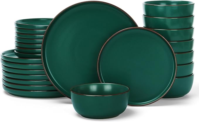 Famiware Mercury 24 Pieces Dinnerware Sets, Plates and Bowls Sets for 8, Microwave and Dishwasher Safe Dish Set, Dark Green