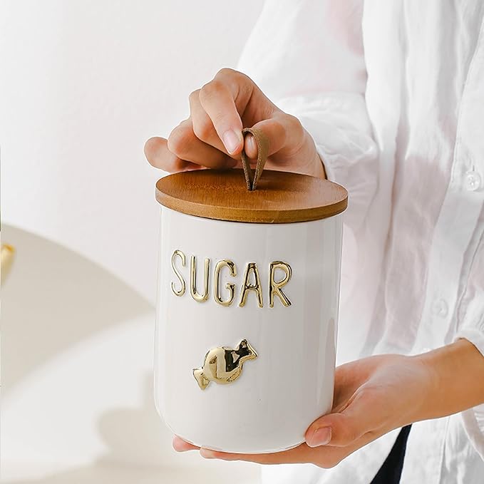 YYW Kitchen Canisters for Countertop, White Airtight Ceramic Canister with Seal Wooden Lid Storage Container for Coffee Bean Ground Coffee Sugar and Tea (White(sugar))