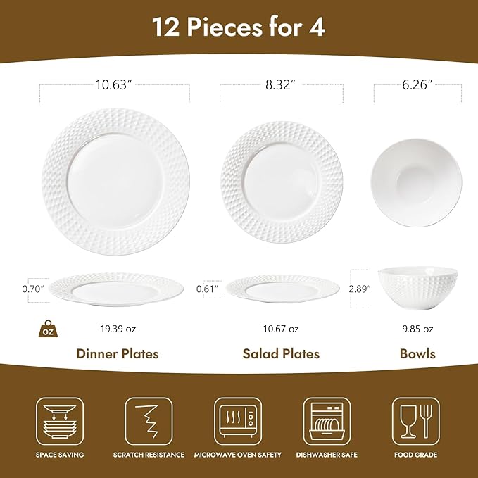KINGSTONE Bone China Dinnerware Set, 12-Piece White Lightweight Porcelain for 4, Plates and Bowls with Rhombus patterned edge design, Microwave and Dishwasher Safe, for Family, Restaurant, Gifting