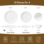 KINGSTONE Bone China Dinnerware Set, 12-Piece White Lightweight Porcelain for 4, Plates and Bowls with Rhombus patterned edge design, Microwave and Dishwasher Safe, for Family, Restaurant, Gifting