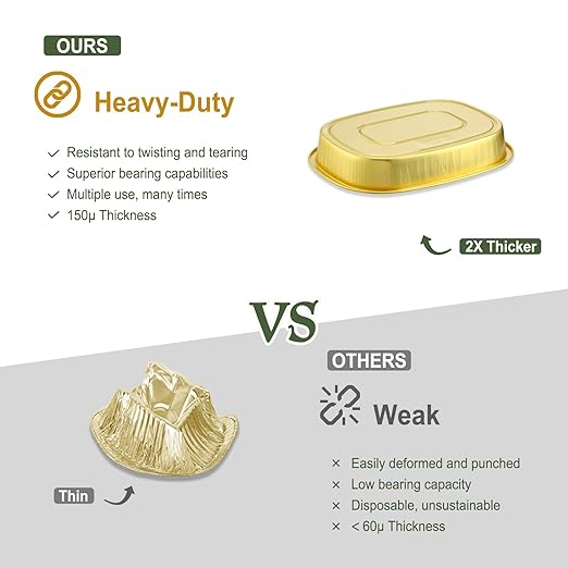 Oval Aluminum Foil Pans with Snap-On Lids (5 Pack) | 2X Thicker Heavy Duty Reusable Container 25oz for Take-Out (Gold)