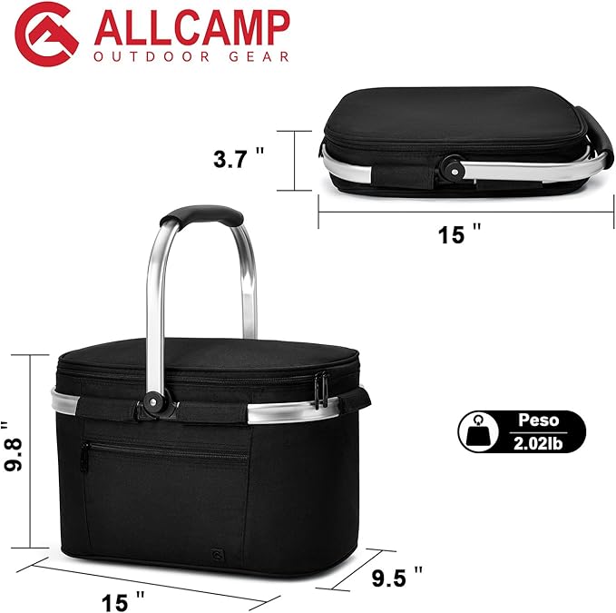 ALLCAMP OUTDOOR GEAR Insulated Cooler Bag Collapsible Portable Picnic Basket Cooler W/ Sewn in Frame (Medium Jet Black)