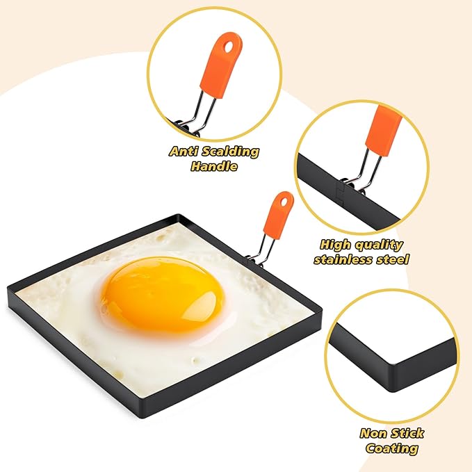 Patelai 4 Pcs Square Egg Rings 8 Inch Large Pancake Molds Stainless Steel Griddle Omelette Rings with Orange Silicone Handle Oil Brush for Household Breakfast Omelette Sandwich Cooking Tool