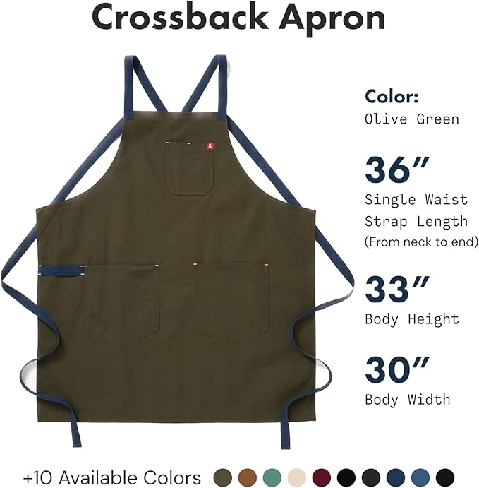 hedley & bennett Crossback Apron - Crossback Chef Apron with Pockets - 100% Cotton Canvas, 8oz - Olive Green