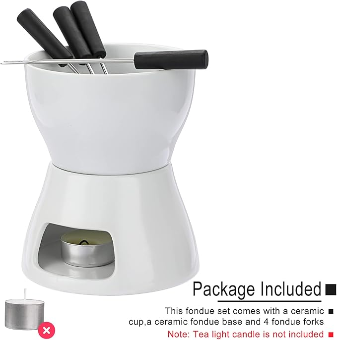 BSTKEY 400ML Ceramic Butter Warmer Set with 4 Forks, Fondue Pot Melting Pot Set, Melt Hot Pot Bowl Set For Cheese Chocolate Butter Caramel