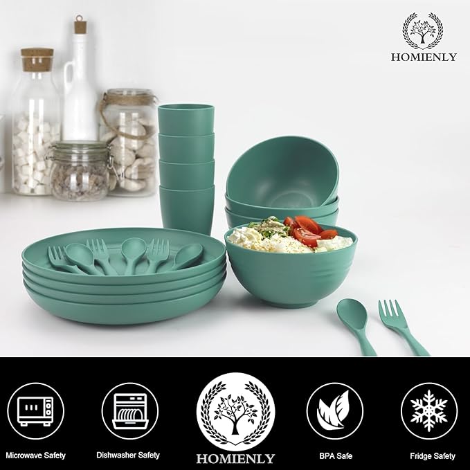Homienly Wheat Straw Dinnerware Sets, 20pcs Unbreakable Microwave Dishwasher Safe Tableware Lightweight Bowls, Cups, Plates Set Reusable Dinner Plates Bowls set (Green)